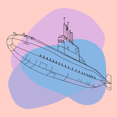 A detailed line illustration of a submarine with overlaid pastel shapes, perfect for blogs on naval history, ocean exploration, or abstract maritime themes.