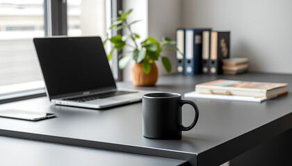 Black matte mug placed on a sleek office desk with a laptop, modern business workspace mockup, clean lighting 2