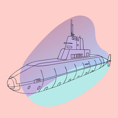A detailed line illustration of a submarine with overlaid pastel shapes, perfect for blogs on naval history, ocean exploration, or abstract maritime themes.