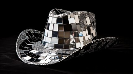 Silver disco cowboy hat on black background.