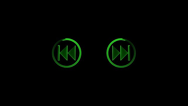 a glowing neon next and Previous play button icon video animation on black background . 4k animation video icon neon line sine
