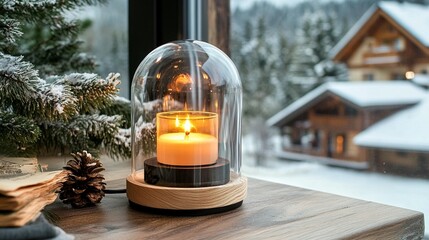 Cozy candle lantern in a snow-dusted windowsill setting.  Warm light, glass cloche, wooden base, winter scene