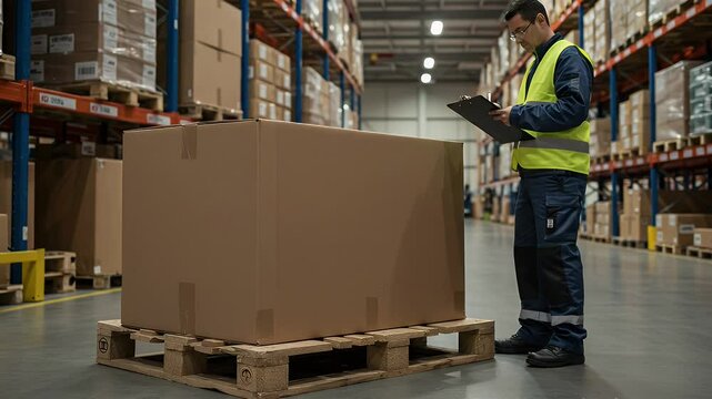 Warehouse worker checking large cardboard box on pallet