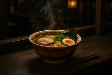 Authentic Ramen Noodle Soup with Toppings and Steam