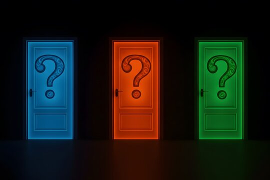 Three colorful doors with question marks above them, a dark background, suggesting a mysterious or puzzling scenario, doors with question marks above them, dark background,