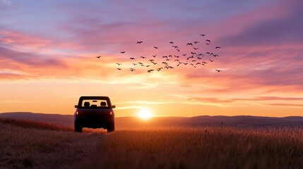 Lone car against a glowing sunset, sky dotted with birds in graceful flight