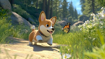 Cute corgi puppy chases butterfly in a sunny forest path.  Flowers and rocks surround it