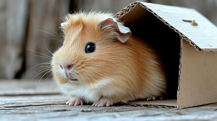 Cute ginger guinea pig in a cardboard house