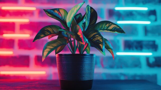 Indoor Plant with Colorful Neon Lights in Modern Setting - Powered by Adobe
