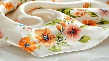 Delicate silk scarf with vibrant floral print.  Soft cream background highlights orange and peach blossoms, leaves, and stems
