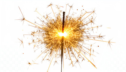 A bright sparkler ignites in a burst of golden sparks against a white background, creating an eye-catching display of light and energy