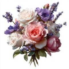 Beautiful floral arrangement of pink and white roses with delicate lavender and purple flowers on white background