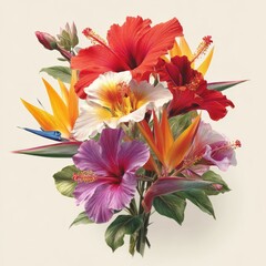 Vibrant Tropical Flower Bouquet Featuring Red Hibiscus, White Hibiscus, Pink Hibiscus, and Exotic Bird of Paradise Blooms