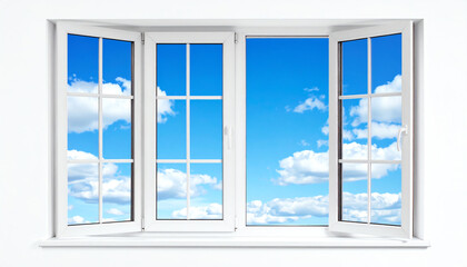 A bright, open window reveals a clear blue sky with fluffy clouds, creating an inviting and airy atmosphere