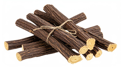 A bundle of licorice sticks tied with twine, showcasing their distinct texture and color, perfect for flavoring or natural remedies