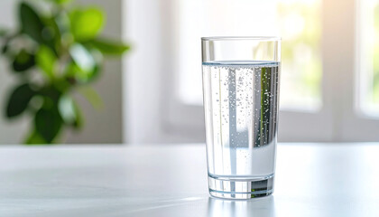 A clear glass of sparkling water sits on a table, reflecting light, with a green plant blurred in the background