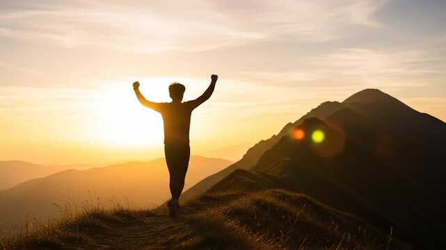 Silhouetted figure with arms raised stands victoriously atop a mountain ridge at sunset, overlooking a vast, sun-drenched panorama of rolling hills and mountains