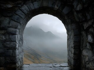 Discover Ancient Grandeur Beyond Grey Stone Archway Framing Misty Mountain Horizon in Enchanting Morning Light