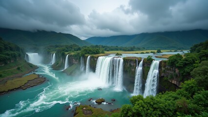 Fototapeta premium Majestic Cascades: Towering Waterfalls Amidst a Verdant Valley