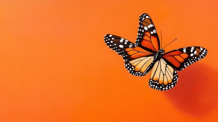 Fototapeta premium Monarch butterfly fluttering with grace, wings outstretched against smooth orange backdrop