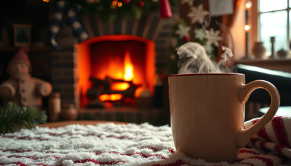 Cozy winter holiday scene with a steaming mug near a fireplace, warm glow of fire lighting up a rustic room 2
