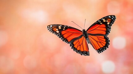 Obraz premium Monarch butterfly gracefully flying mid-air, wings open wide, soft orange glow background