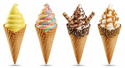 Colorful ice cream cones in a row on white background perfect for summer dessert concepts 