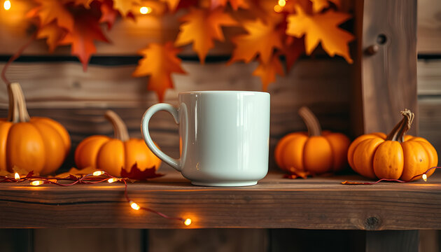 Cute mug mockup on a rustic wooden shelf with warm fairy lights, cozy autumn atmosphere 2