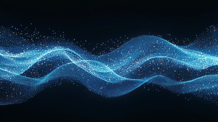 Abstract blue and gold particle wave flowing on dark background.