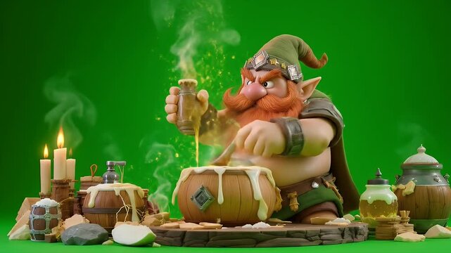 Red Bearded Dwarf Character Brewing Potion Over Wooden Cauldron Isolated on Green Screen 3D Render Featuring a Fantasy Character from Front View