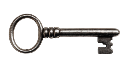 Antique metal key, circular loop,  long shaft