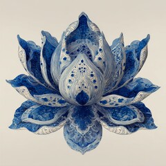 Intricate Blue and White Lotus Flower Design with Detailed Patterns and Elegant Curves on a Soft Background