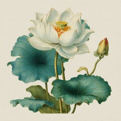 Elegant white lotus flower with green leaves and a soft background, showcasing natural beauty and tranquility in nature