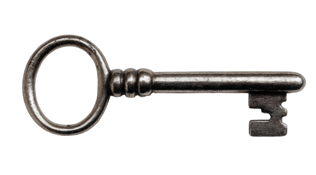 Antique metal key, circular loop,  long shaft