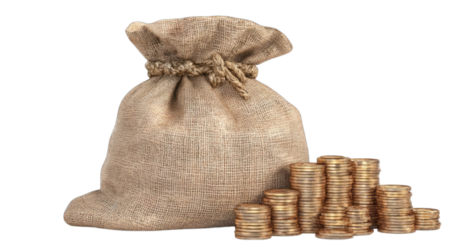 Burlap sack filled with gold coins (2)