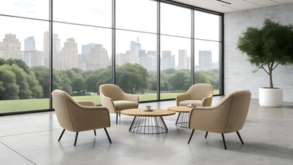 Fototapeta premium Modern beige armchairs and coffee tables in a room with city view
