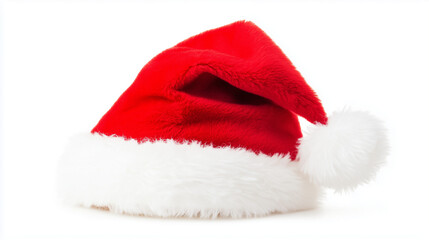 Vibrant red Santa hat with white pompom, isolated on white background, festive Christmas spirit