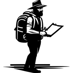 Sketchy sport emblem of treasure hunter with a map in his hands in monochrome. Engraving minimalistic vector in black ink drawing on transparent background