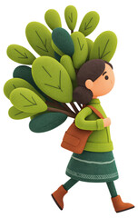 Woman carrying a large bundle of green foliage on their back while walking isolated on transparent background.