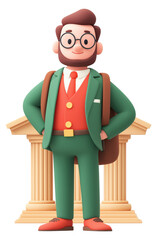 Businessman in a green suit stands confidently near classical columns showcasing a well-organized environment isolated on transparent background.