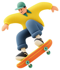 Skater performing a trick in vibrant attire on a colorful skateboard isolated on transparent background.