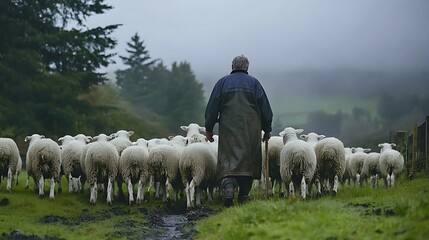 A shepherd walking with a flock of sheep through a green field
