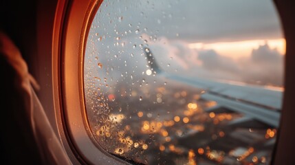 Sunset Flight View Through Rainy Window with Airplane Wing