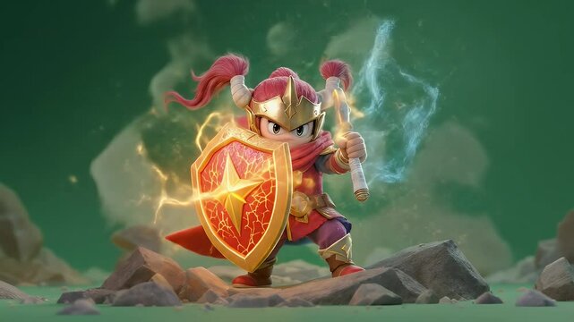 Stylized 3D Knight Character in Golden Armor Shield on Rock Formation with Magic Visual Effects on Green Background Ideal for VFX Game Asset and Fantasy Animations