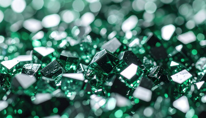 Shimmering green crystals arranged closely, reflecting light and showcasing their geometric shapes, creating a vibrant and mesmerizing visual effect