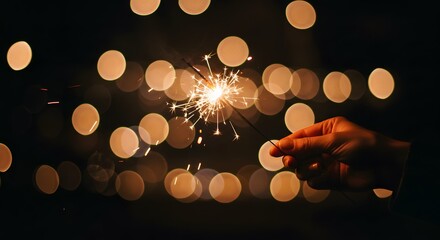 Hand holding sparkler with bokeh lights background.