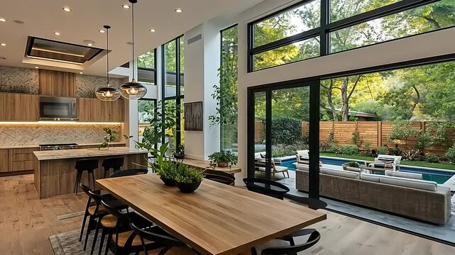 Modern luxury home interior with open floor plan leading to outdoor pool and garden