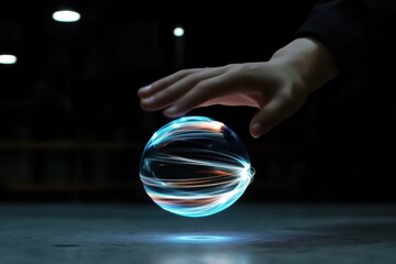 Hand Reaching Out to Touch a Floating Energy Sphere with Colorful Light Trails in a Dark Environment