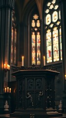 Old Gothic European cathedral architecture with religious detail at night