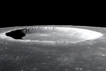 A large crater on the surface of the moon shows shadows